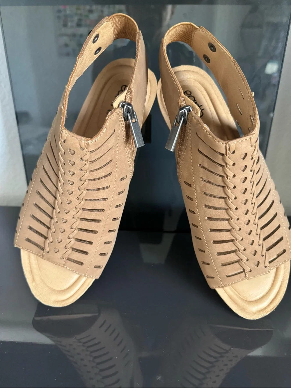 Earth Tan Cutout Wedge Sandals with Side Zip